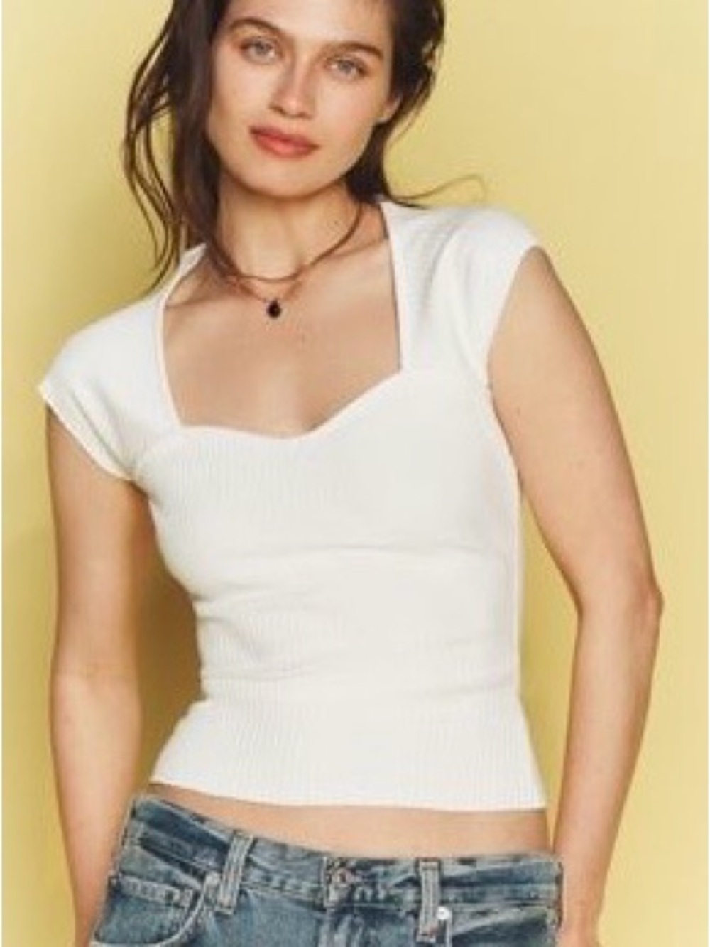 Maeve White Square-Neck Ribbed Cap Sleeve Top